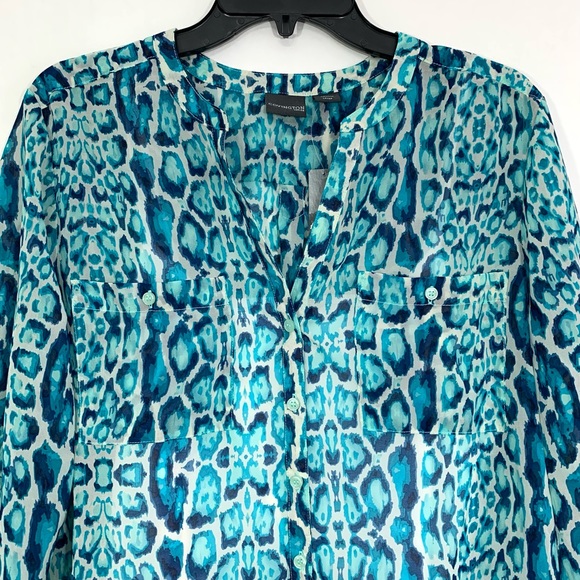 Covington Petite Women's Blue White Aqua V-Neck Button Down 3/4 Sleeve Blouse - Picture 2 of 12